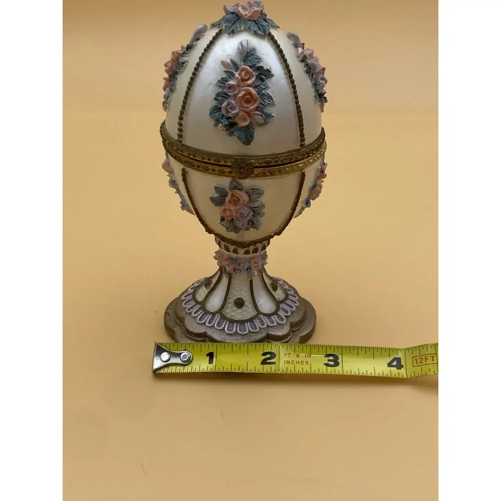 Vintage Egg Shaped Floral Metal Jewelry Box w/ Hinged Lid, Fabric Lined Interior